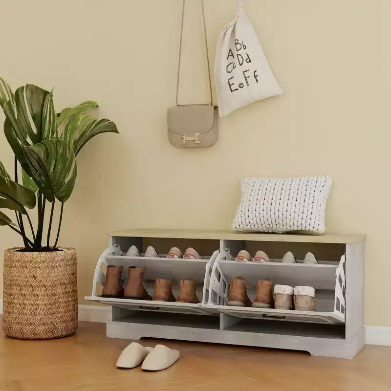 17.71"H x 41.33"W Antique White Shoe Storage Bench with 2 Flip Drawers and Adjustable Shelf
