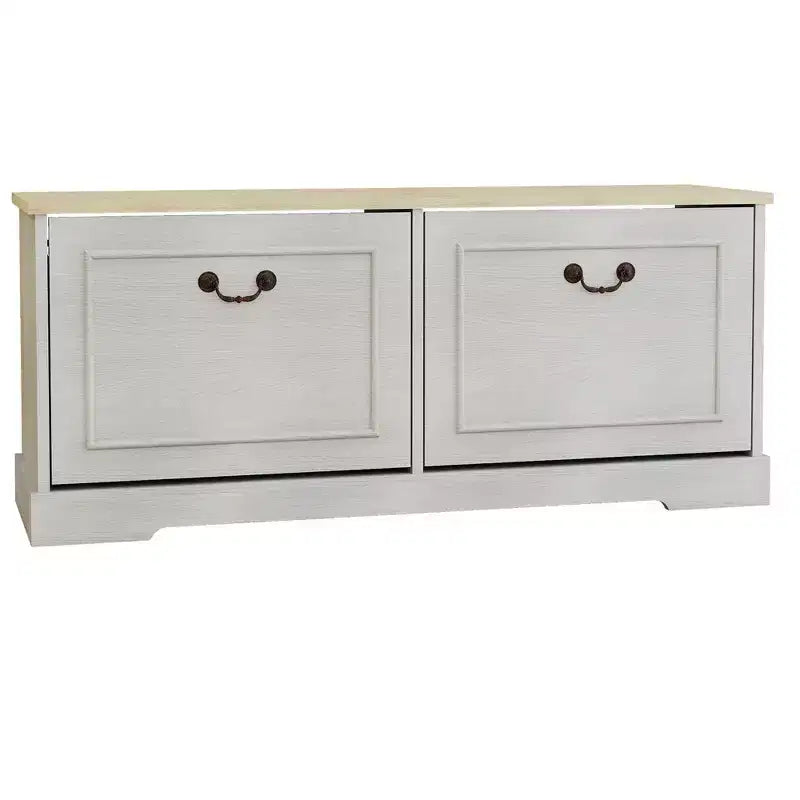 17.71"H x 41.33"W Antique White Shoe Storage Bench with 2 Flip Drawers and Adjustable Shelf