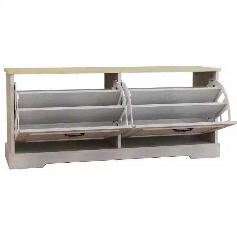 17.71"H x 41.33"W Antique White Shoe Storage Bench with 2 Flip Drawers and Adjustable Shelf