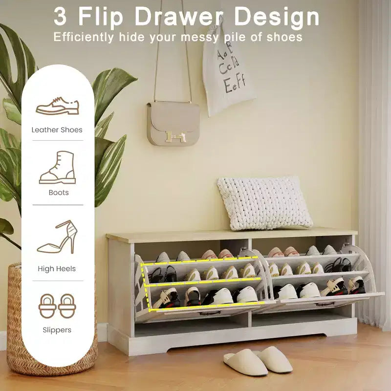 17.71"H x 41.33"W Antique White Shoe Storage Bench with 2 Flip Drawers and Adjustable Shelf