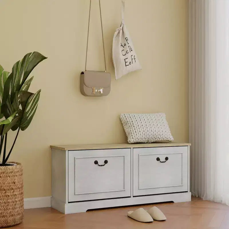17.71"H x 41.33"W Antique White Shoe Storage Bench with 2 Flip Drawers and Adjustable Shelf