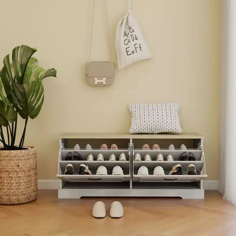 17.71"H x 41.33"W Antique White Shoe Storage Bench with 2 Flip Drawers and Adjustable Shelf