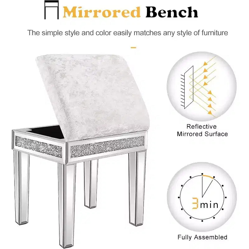 Mirrored Vanity Stool with Storage, Upholstered Velvet Ottoman, Makeup Dressing Table Bench, Silver