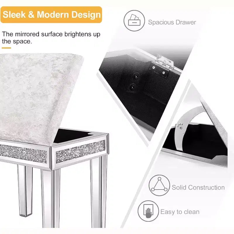 Mirrored Vanity Stool with Storage, Upholstered Velvet Ottoman, Makeup Dressing Table Bench, Silver