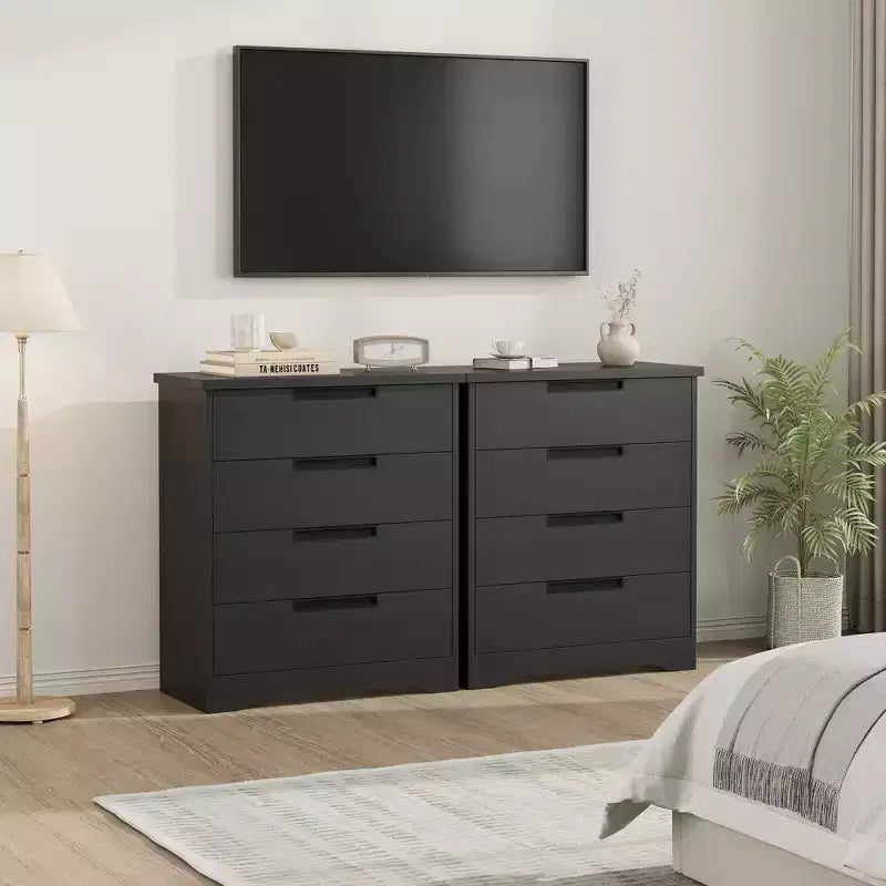 4 Drawer Dresser for Bedroom, Black Chest of Drawer Nightstand with Embedded Handles, Wooden Dresser Organizer for Living Room Nursery Entryway Closet
