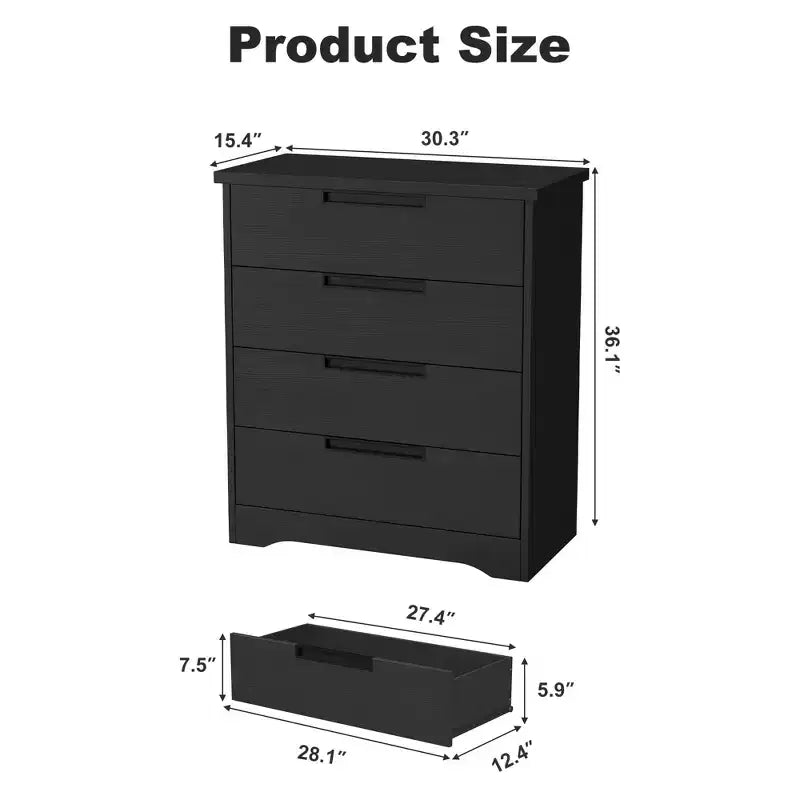 4 Drawer Dresser for Bedroom, Black Chest of Drawer Nightstand with Embedded Handles, Wooden Dresser Organizer for Living Room Nursery Entryway Closet