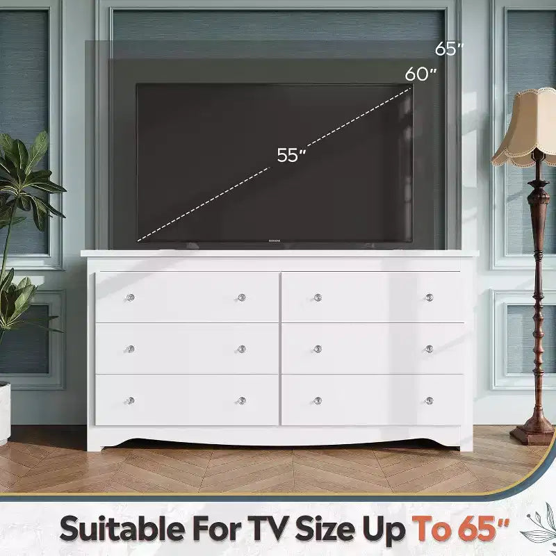 6-Drawer Modern Wide Storage Dresser, 59" White Wood Chest for Bedroom or Living Room