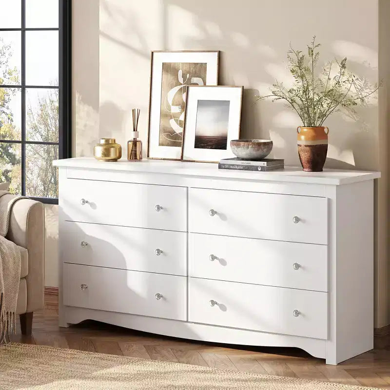 6-Drawer Modern Wide Storage Dresser, 59" White Wood Chest for Bedroom or Living Room