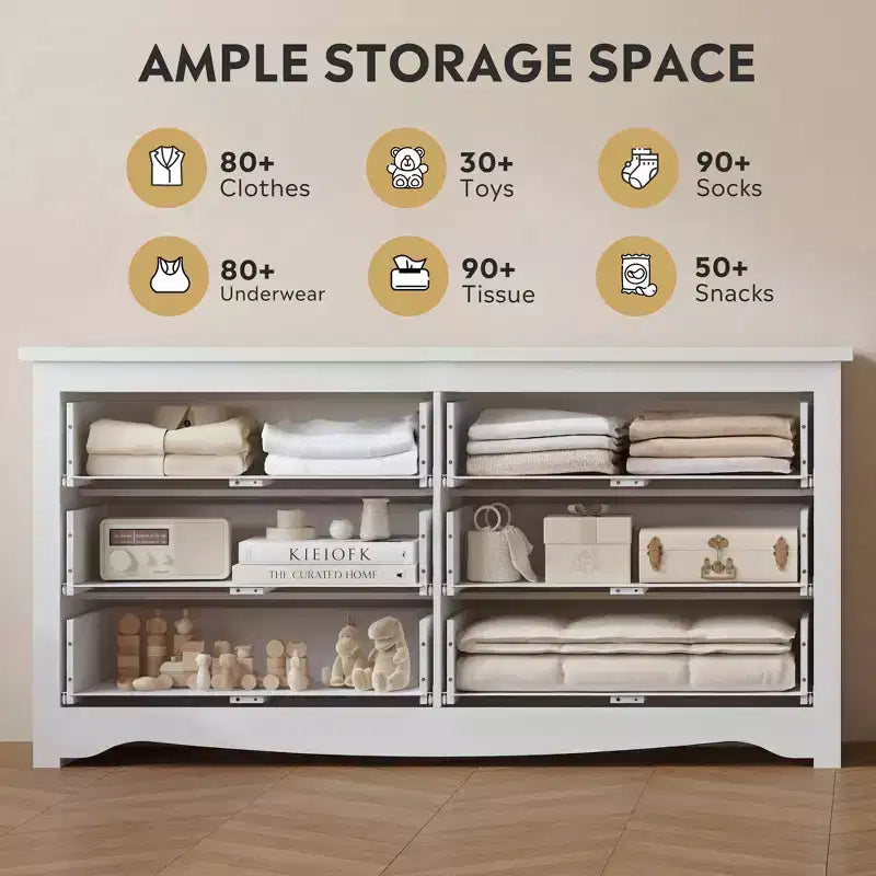6-Drawer Modern Wide Storage Dresser, 59" White Wood Chest for Bedroom or Living Room