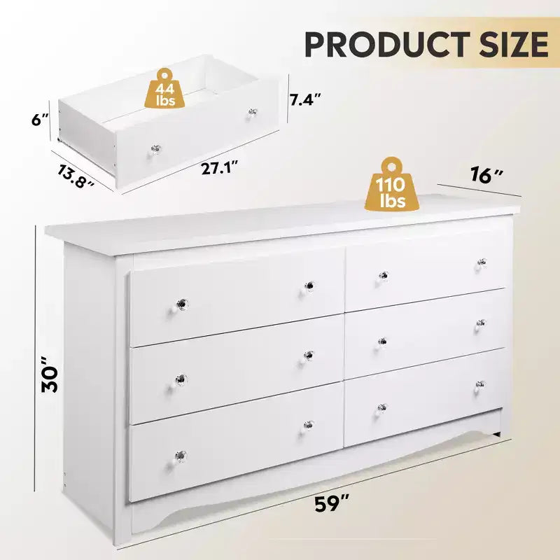 6-Drawer Modern Wide Storage Dresser, 59" White Wood Chest for Bedroom or Living Room