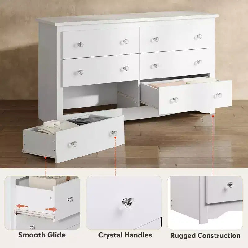 6-Drawer Modern Wide Storage Dresser, 59" White Wood Chest for Bedroom or Living Room