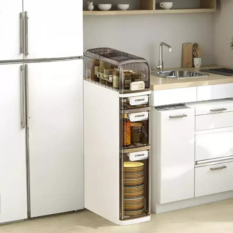 7 Ultra Narrow 4-Tier Bathroom Cabinet with Wheels & Drawers - Toilet Side Storage Organizer for Bathroom/Kitchen (White & Grey)