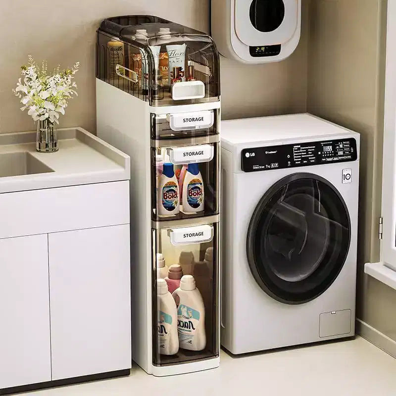 7 Ultra Narrow 4-Tier Bathroom Cabinet with Wheels & Drawers - Toilet Side Storage Organizer for Bathroom/Kitchen (White & Grey)