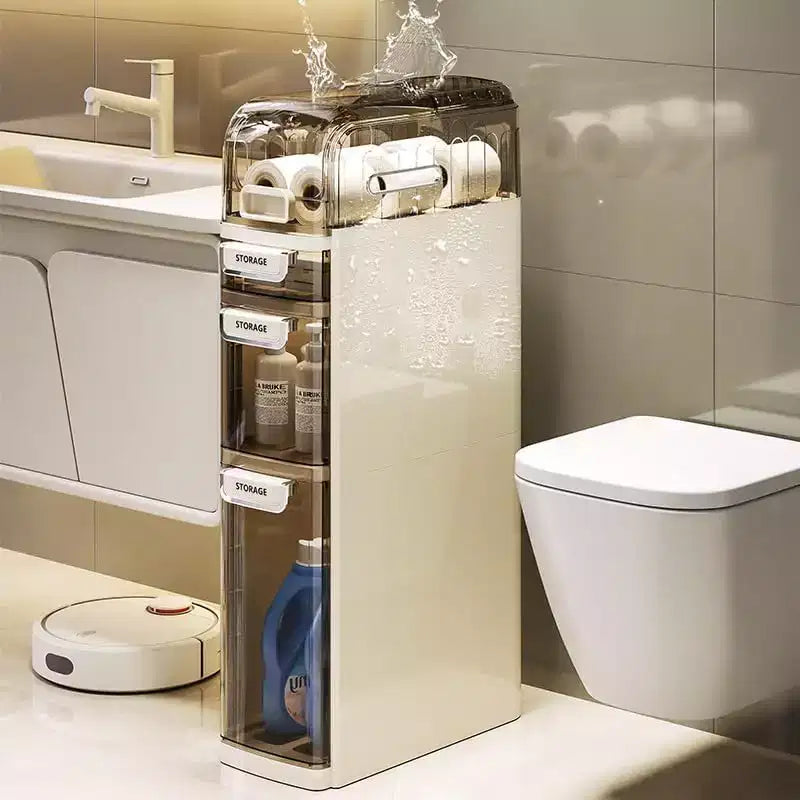 7 Ultra Narrow 4-Tier Bathroom Cabinet with Wheels & Drawers - Toilet Side Storage Organizer for Bathroom/Kitchen (White & Grey)