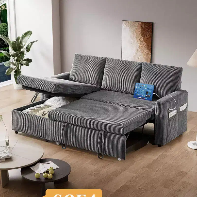 81" L-Shaped Sleeper Sofa Bed with Pull-Out Couch, Reclining Backrest & USB Ports
