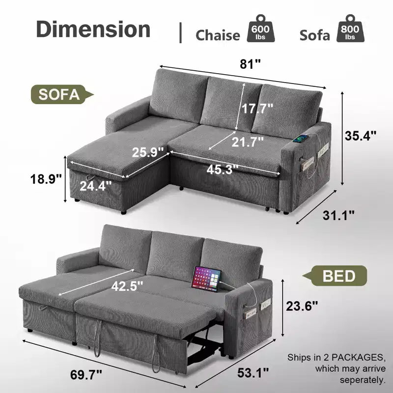 81" L-Shaped Sleeper Sofa Bed with Pull-Out Couch, Reclining Backrest & USB Ports