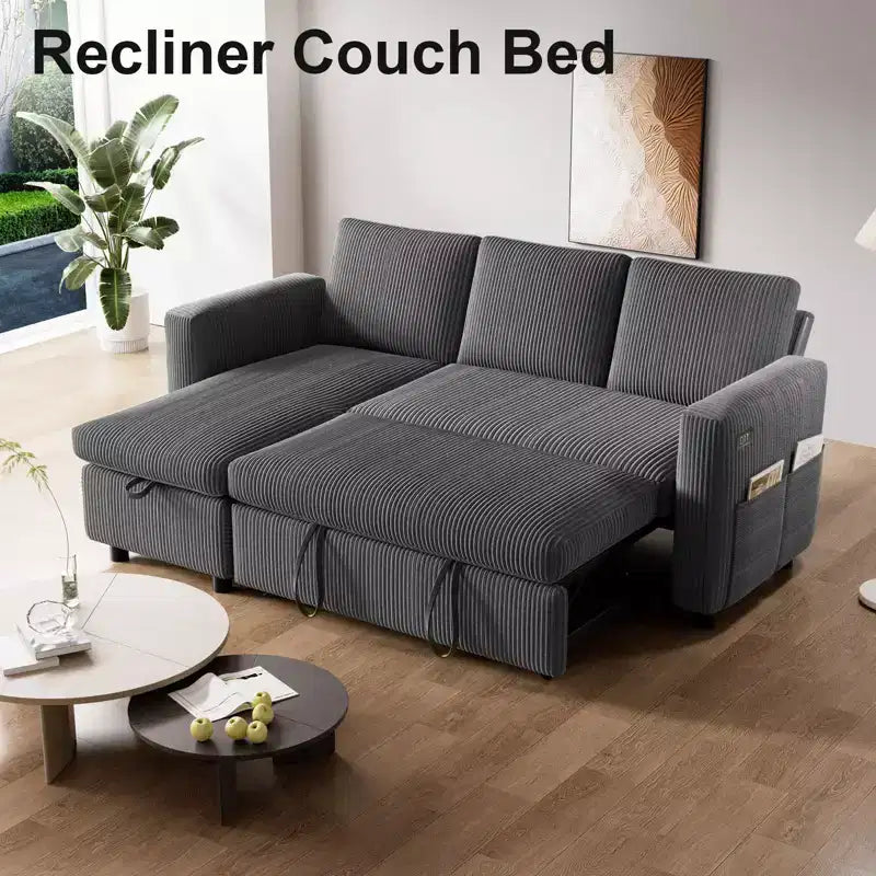 81" L-Shaped Sleeper Sofa Bed with Pull-Out Couch, Reclining Backrest & USB Ports