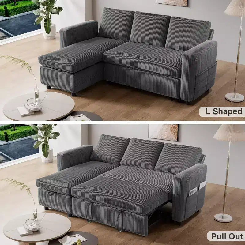 81" L-Shaped Sleeper Sofa Bed with Pull-Out Couch, Reclining Backrest & USB Ports