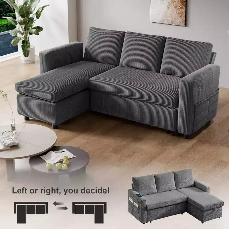 81" L-Shaped Sleeper Sofa Bed with Pull-Out Couch, Reclining Backrest & USB Ports