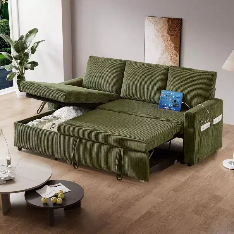 81" L-Shaped Sleeper Sofa Bed with Pull-Out Couch, Reclining Backrest & USB Ports