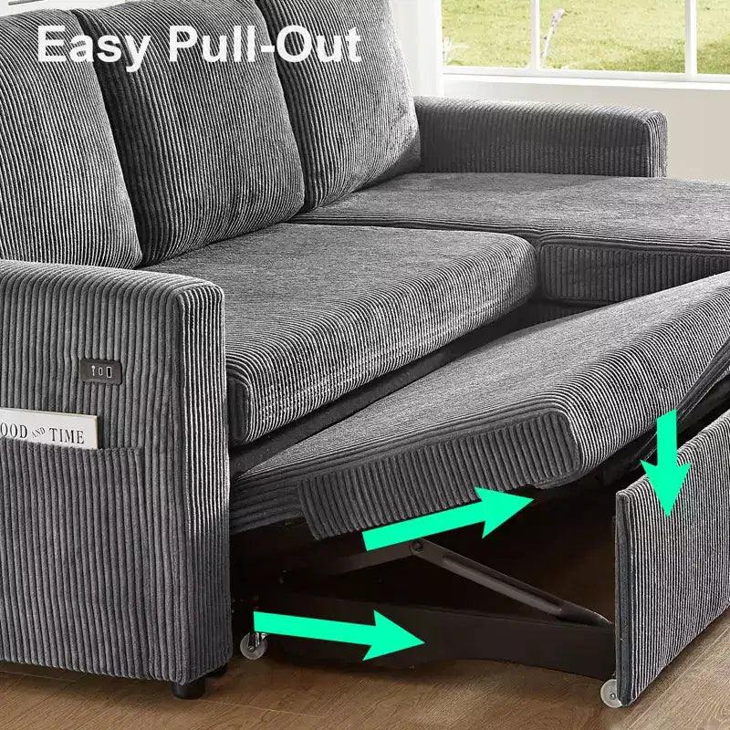 81" L-Shaped Sleeper Sofa Bed with Pull-Out Couch, Reclining Backrest & USB Ports