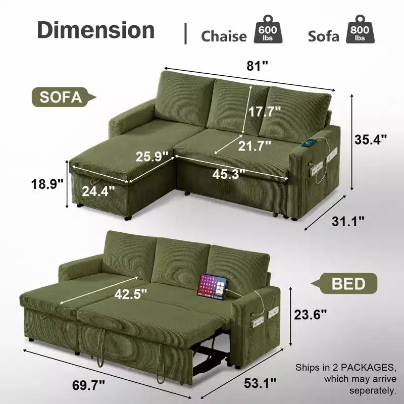 81" L-Shaped Sleeper Sofa Bed with Pull-Out Couch, Reclining Backrest & USB Ports