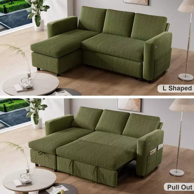 81" L-Shaped Sleeper Sofa Bed with Pull-Out Couch, Reclining Backrest & USB Ports