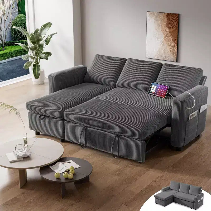 81" L-Shaped Sleeper Sofa Bed with Pull-Out Couch, Reclining Backrest & USB Ports