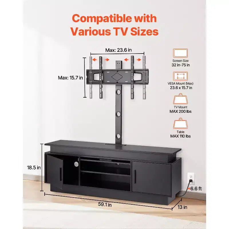 60" TV Stand with Mount for up to 75" TVs, Entertainment Center with Power Outlet, Height Adjustable, Black