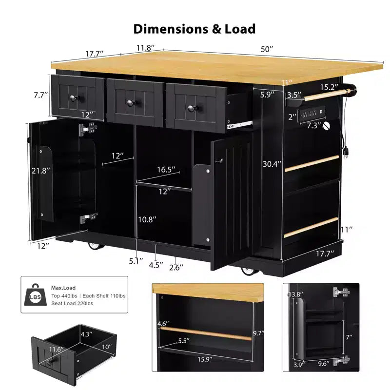 53" Large Kitchen Island with Drop Leaf, Internal Storage Rack, Rolling Cart on 5 Wheels with Open Side Racks