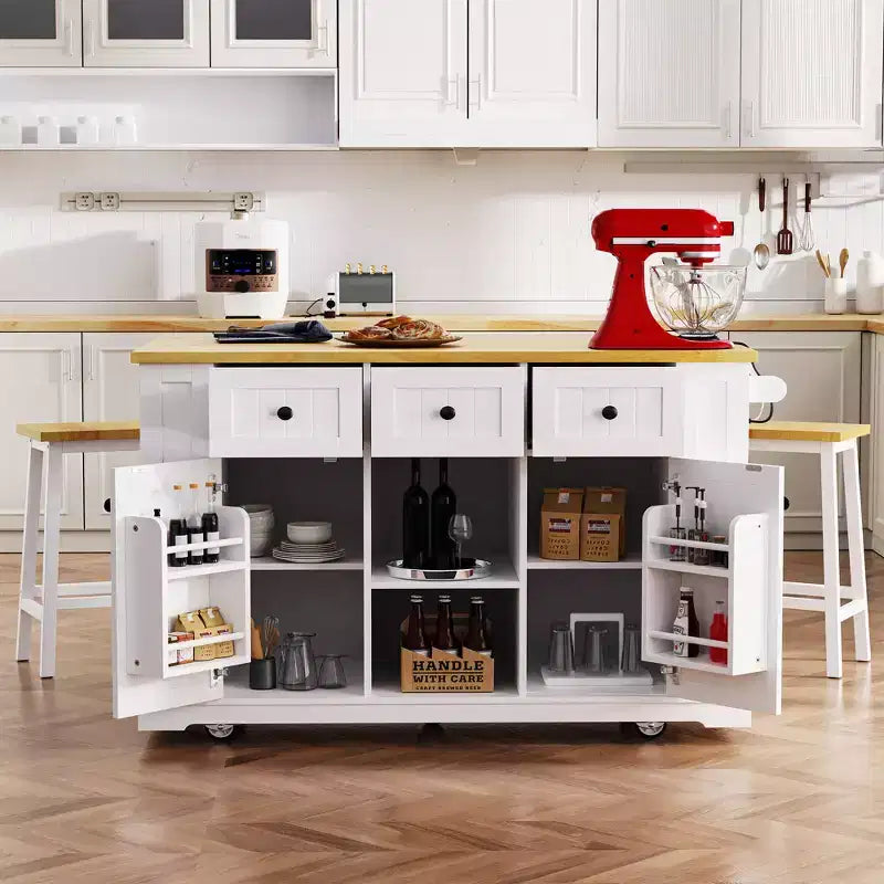 53" Large Kitchen Island with Drop Leaf, Internal Storage Rack, Rolling Cart on 5 Wheels with Open Side Racks