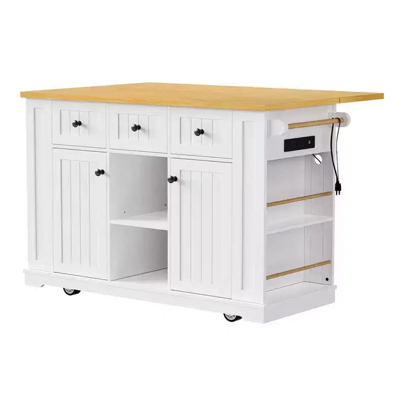 53" Large Kitchen Island with Drop Leaf, Internal Storage Rack, Rolling Cart on 5 Wheels with Open Side Racks