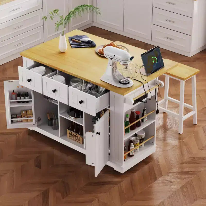 53" Large Kitchen Island with Drop Leaf, Internal Storage Rack, Rolling Cart on 5 Wheels with Open Side Racks