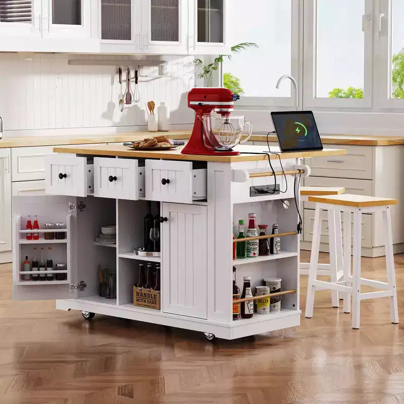 53" Large Kitchen Island with Drop Leaf, Internal Storage Rack, Rolling Cart on 5 Wheels with Open Side Racks