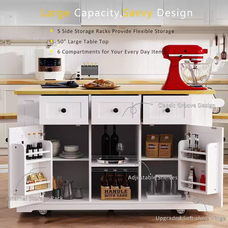 53" Large Kitchen Island with Drop Leaf, Internal Storage Rack, Rolling Cart on 5 Wheels with Open Side Racks