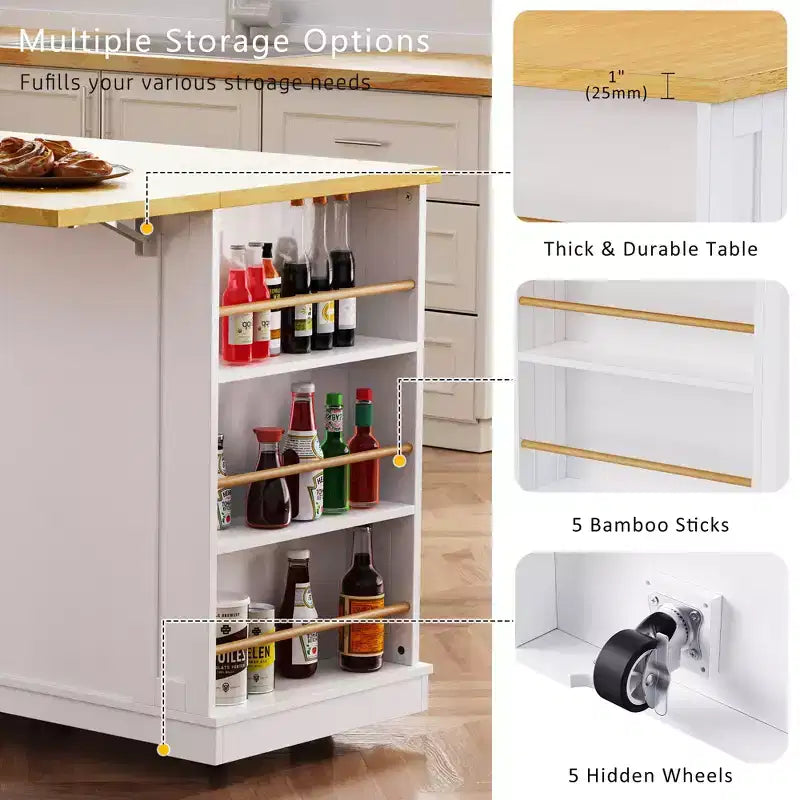 53" Large Kitchen Island with Drop Leaf, Internal Storage Rack, Rolling Cart on 5 Wheels with Open Side Racks