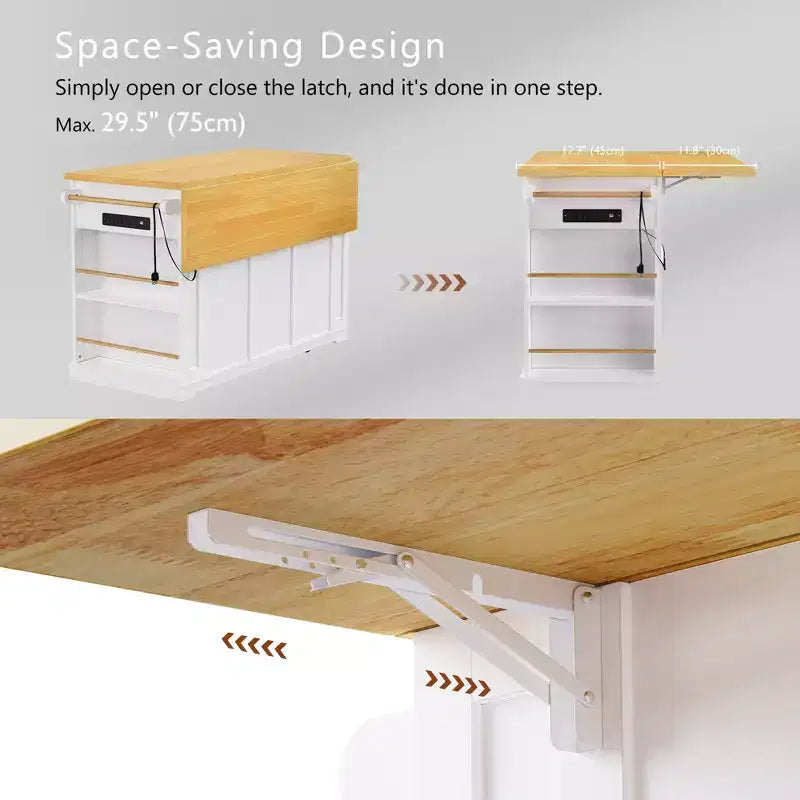 53" Large Kitchen Island with Drop Leaf, Internal Storage Rack, Rolling Cart on 5 Wheels with Open Side Racks