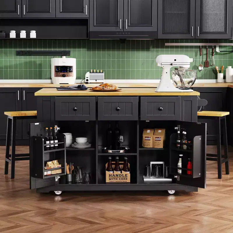 53" Large Kitchen Island with Drop Leaf, Internal Storage Rack, Rolling Cart on 5 Wheels with Open Side Racks