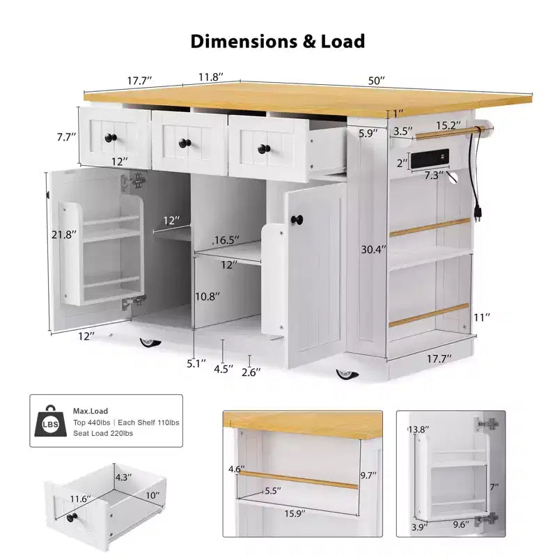 53" Large Kitchen Island with Drop Leaf, Internal Storage Rack, Rolling Cart on 5 Wheels with Open Side Racks