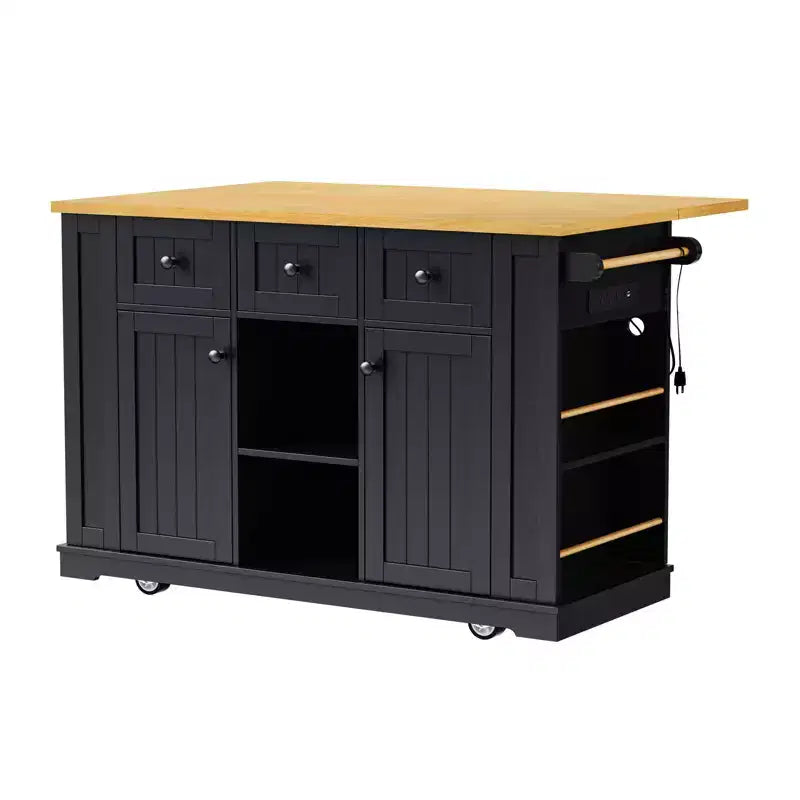 53" Large Kitchen Island with Drop Leaf, Internal Storage Rack, Rolling Cart on 5 Wheels with Open Side Racks