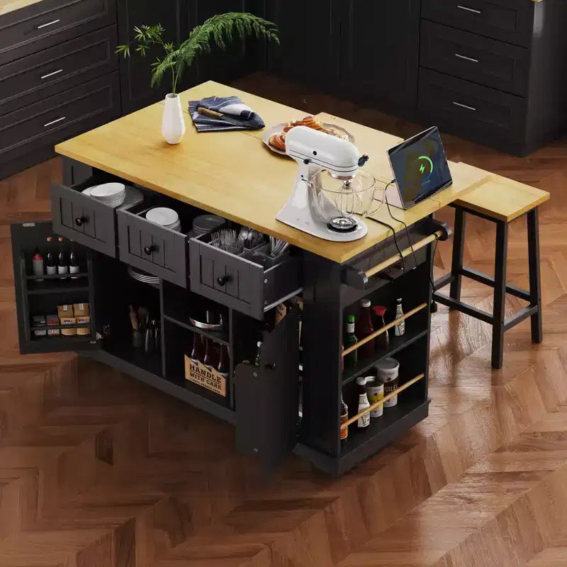 53" Large Kitchen Island with Drop Leaf, Internal Storage Rack, Rolling Cart on 5 Wheels with Open Side Racks