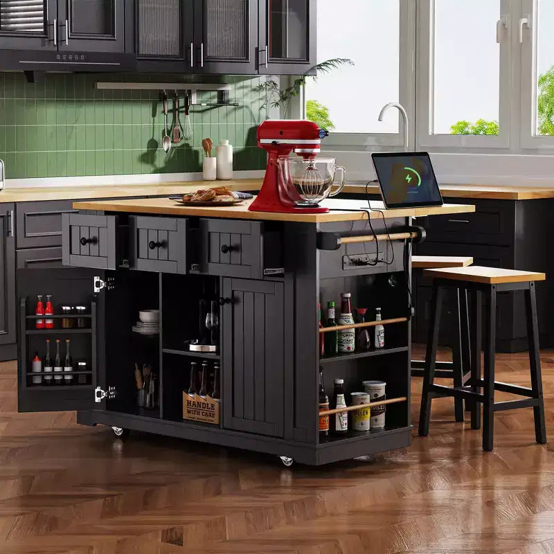 53" Large Kitchen Island with Drop Leaf, Internal Storage Rack, Rolling Cart on 5 Wheels with Open Side Racks
