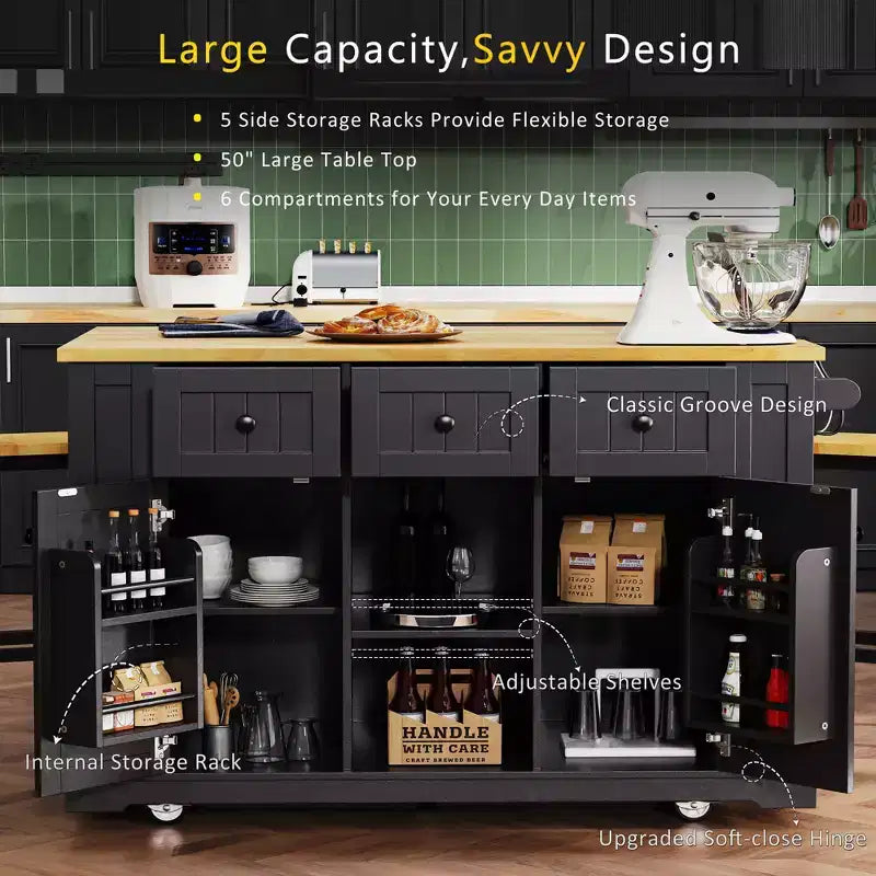 53" Large Kitchen Island with Drop Leaf, Internal Storage Rack, Rolling Cart on 5 Wheels with Open Side Racks