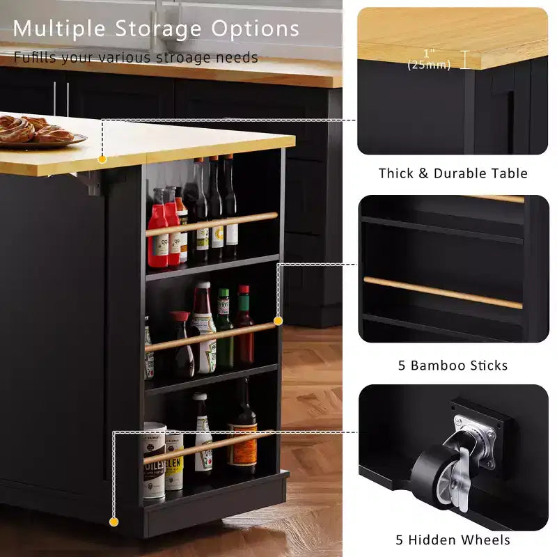 53" Large Kitchen Island with Drop Leaf, Internal Storage Rack, Rolling Cart on 5 Wheels with Open Side Racks