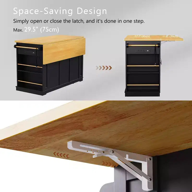 53" Large Kitchen Island with Drop Leaf, Internal Storage Rack, Rolling Cart on 5 Wheels with Open Side Racks
