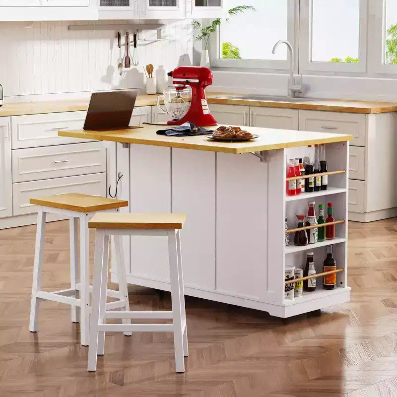 53" Large Kitchen Island with Drop Leaf, Internal Storage Rack, Rolling Cart on 5 Wheels with Open Side Racks