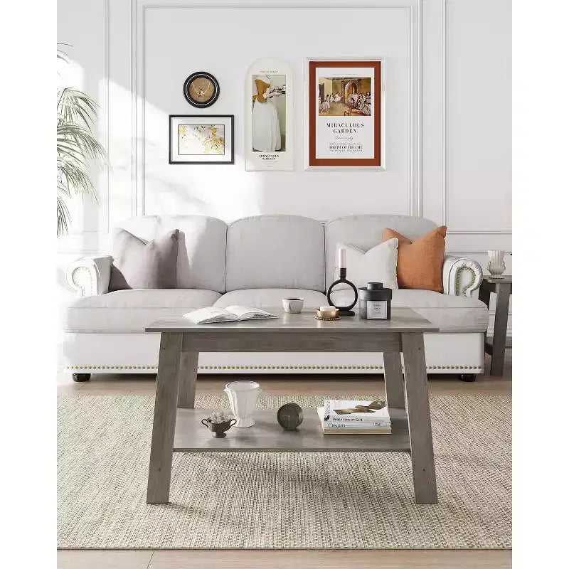 Modern Farmhouse Coffee Table with Storage Shelf, 2-Tier Rectangular Wood Center Table for Living Room and Home Office