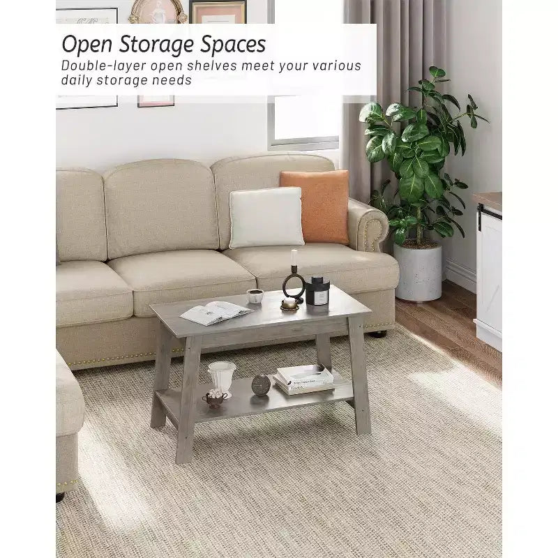 Modern Farmhouse Coffee Table with Storage Shelf, 2-Tier Rectangular Wood Center Table for Living Room and Home Office
