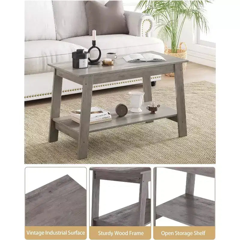 Modern Farmhouse Coffee Table with Storage Shelf, 2-Tier Rectangular Wood Center Table for Living Room and Home Office