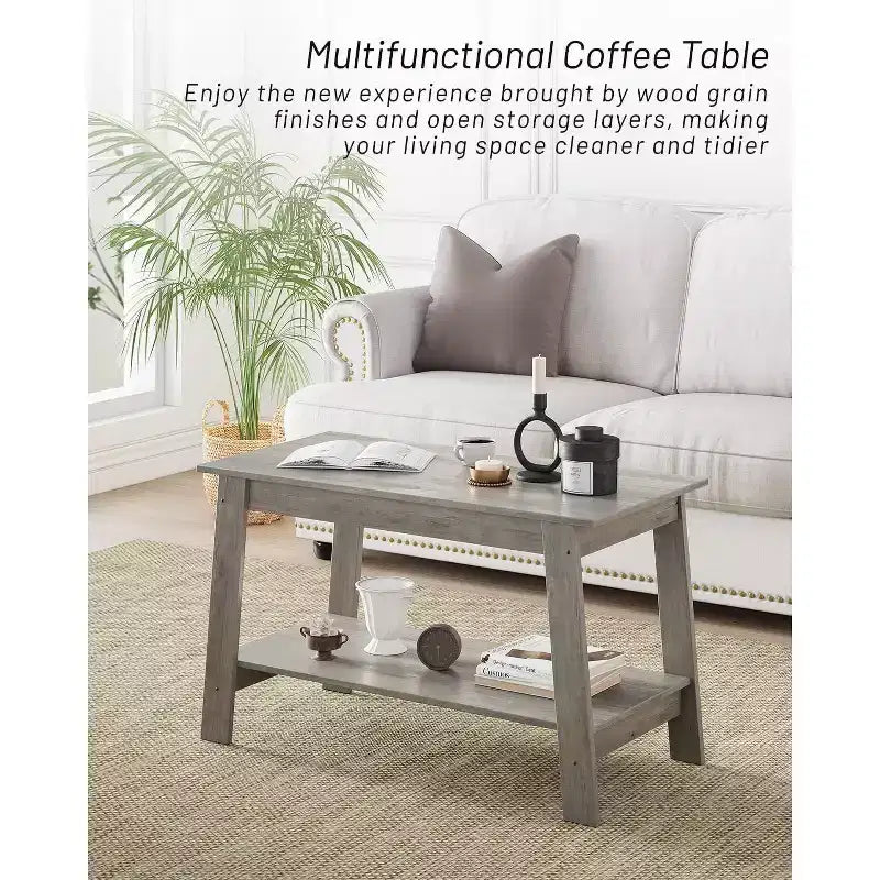 Modern Farmhouse Coffee Table with Storage Shelf, 2-Tier Rectangular Wood Center Table for Living Room and Home Office